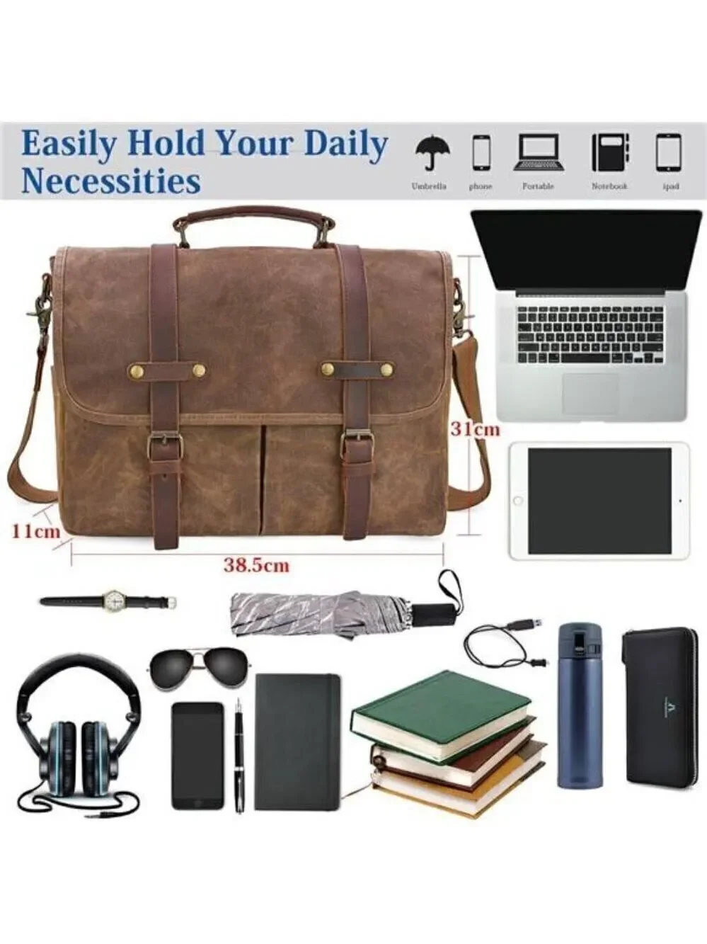 Messenger Bag Waterproof Vintage Genuine Leather Canvas Briefcase Laptop Satchel